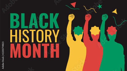 Black history month celebration with diverse raised fists and confetti african american heritage month black culture celebration diversity confetti heritage illustration community equality