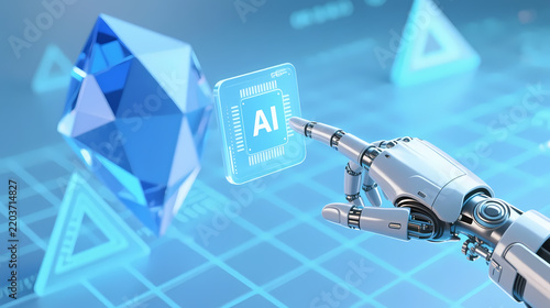 Silver robotic arm touching ai hologram