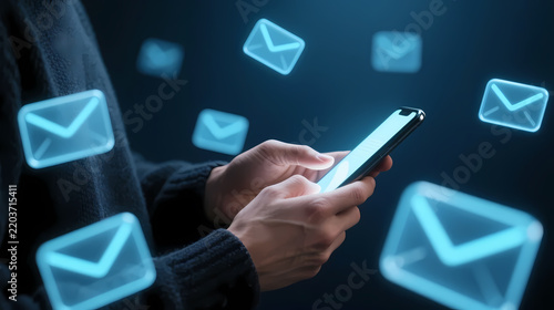 Hands using smartphone with blue email icons