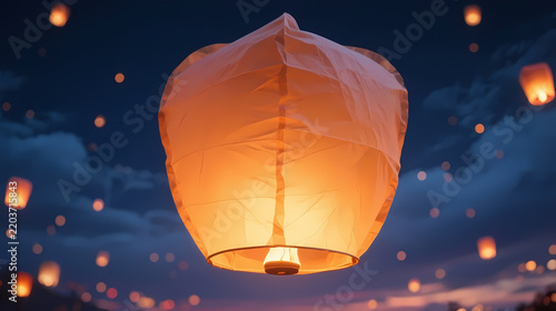 Orange sky lantern rising in night