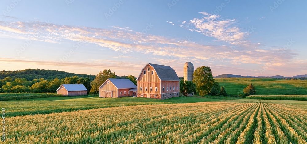 Obraz premium Autumn farm landscape with golden crops, rustic barns, and rolling hills under a sunset sky.