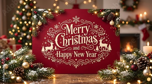 Festive merry christmas and happy new year greeting card on a red wooden background with lights and deer