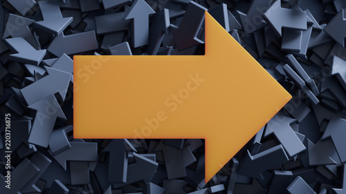 Orange Arrow Pointing Right Amid Blue Arrows Symbolizing Leadership, Direction, Decision And Standing Out