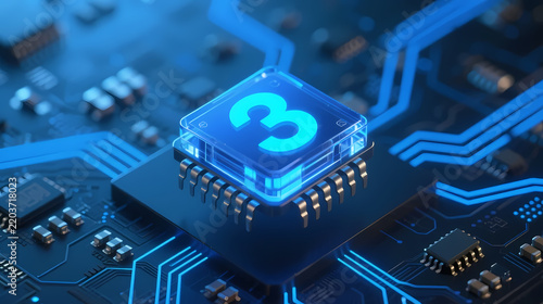 Glowing blue chip with number 3 on circuit board