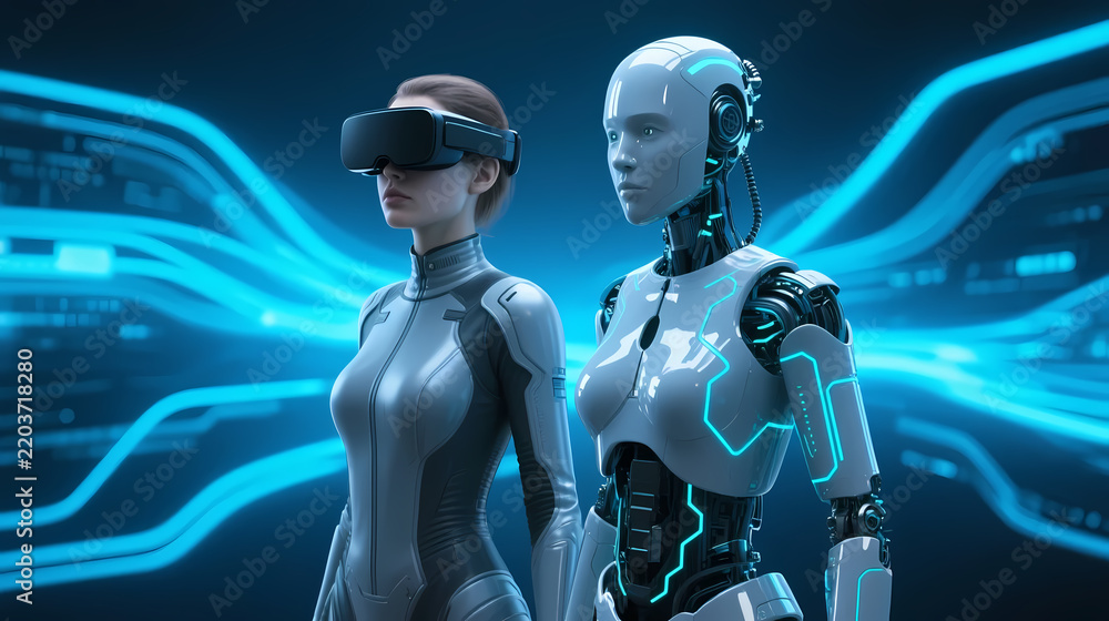 Fototapeta premium Woman and robot in glowing blue suits