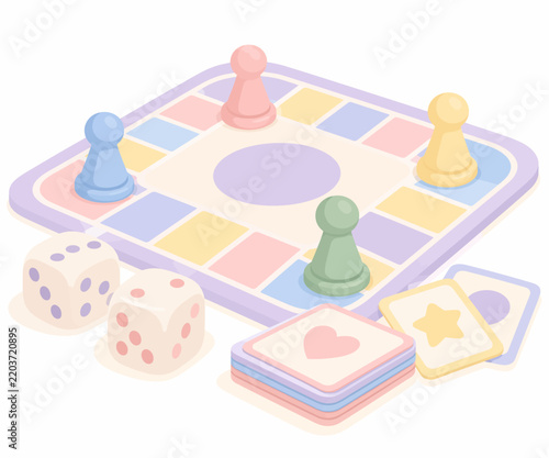 Pastel board game illustration with colorful pawns dice and playing cards on white background