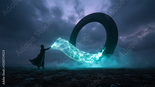 Sci-Fi Portal with Cloaked Figure Channeling Glowing Energy