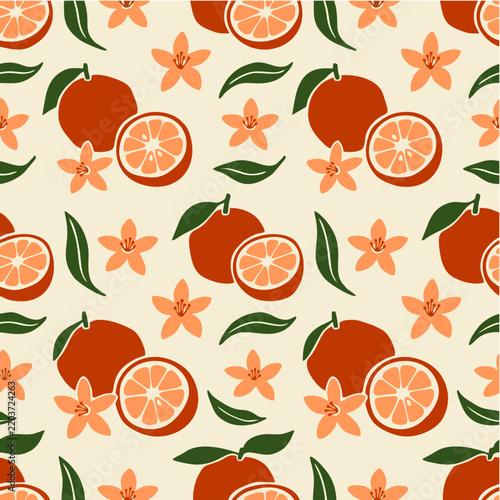 Orange Fruit and Citrus Blossom Pattern with Green Leaves