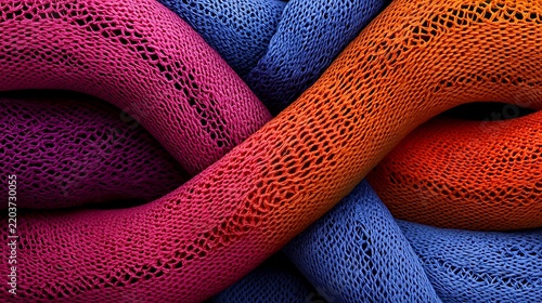 Tangled rolls of colorful mesh fabric.