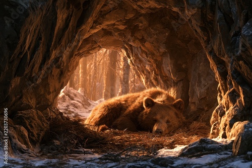 Quiet winter den scene: brown bear at rest with warm light in natural cave interior
