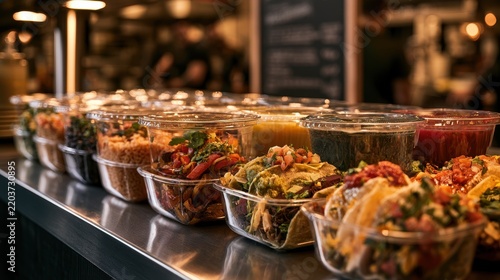 Ready-to-Go Mexican Meals in Plastic Lidded Containers on a Kitchen Counter