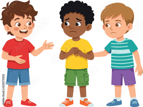 Three diverse school children communicating together with friendly expressions and colorful clothing in cartoon vector illustration