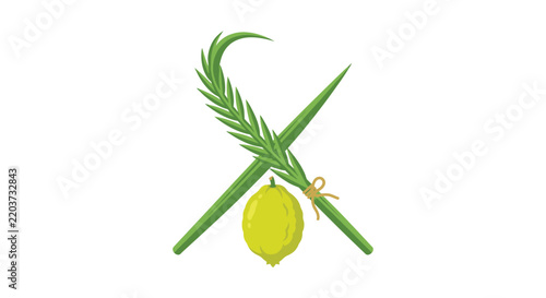 Lulav and etrog illustration with crossed palm fronds and citrus fruit