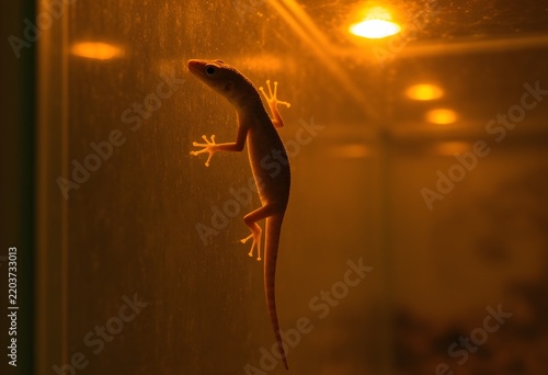 A gecko clinging to a terrarium glass wall, warm terrarium light
