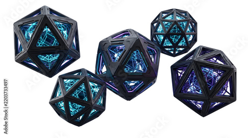 Futuristic geometric icosahedron objects with glowing blue neon light structures isolated on transparent background