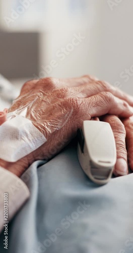 Medical, old person or hands with pulse oximeter, heart rate track or oxygen level in hospital. Space, tech or senior patient with monitoring, respiratory assessment or SpO2 vital sign in healthcare.