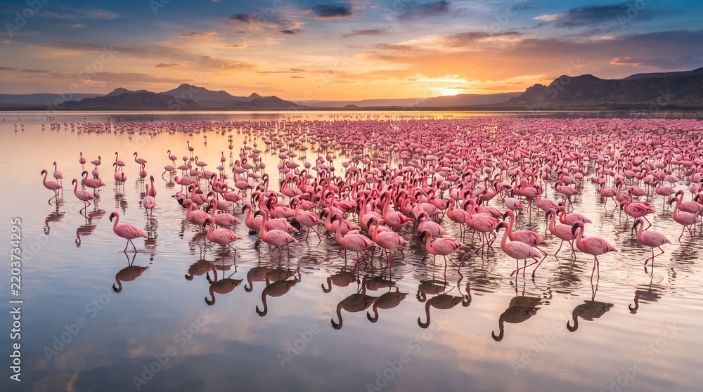 Naklejka premium Stunning sunset view of a large flock of flamingos in Lake Nakuru Kenya.