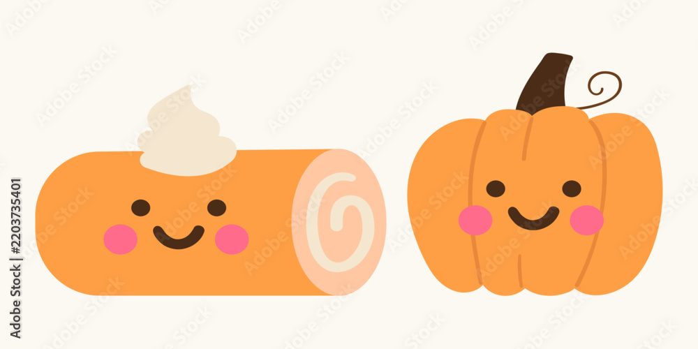Fototapeta premium Cute cartoon pumpkin and pumpkin roll cake characters flat vector illustration funny autumn dessert mascots with happy faces thanksgiving halloween greeting card print isolated