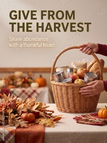 Thanksgiving Basket full of food items held by hands on a table with autumn decorations with table decorated pumpkins