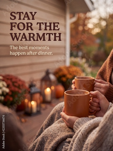 Thanksgiving People holding hot mugs on an outdoor porch with fall decorations with beverage while wrapped