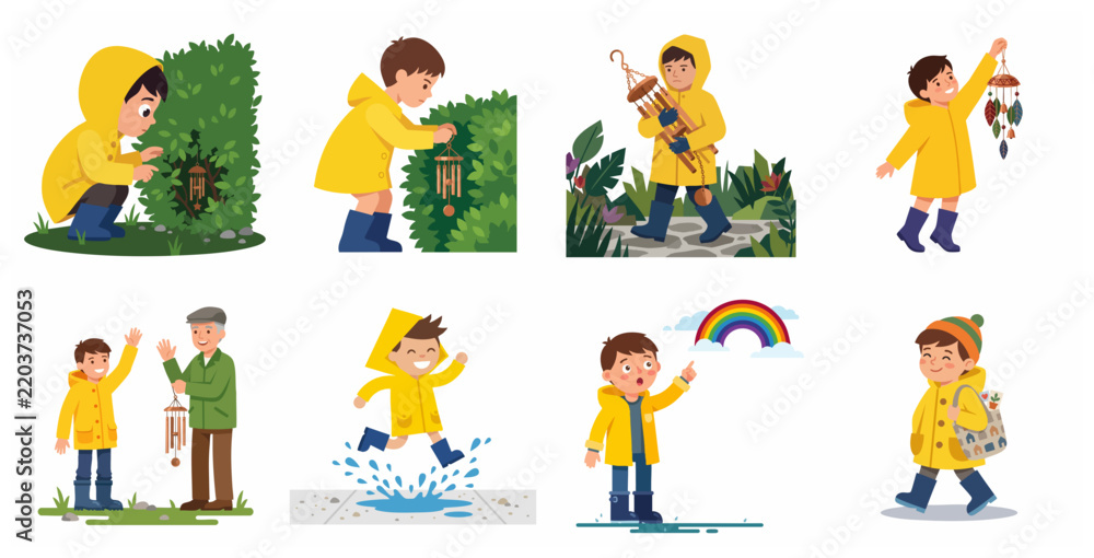 Fototapeta premium Set of illustrations of a boy in a yellow raincoat playing with wind chimes and jumping in puddles