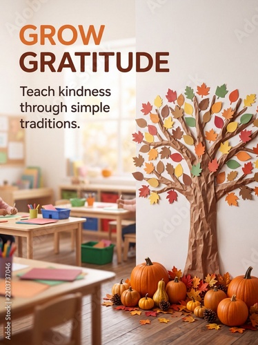 Thanksgiving Paper tree craft with autumn leaves and pumpkins in a classroom for seasonal school decoration