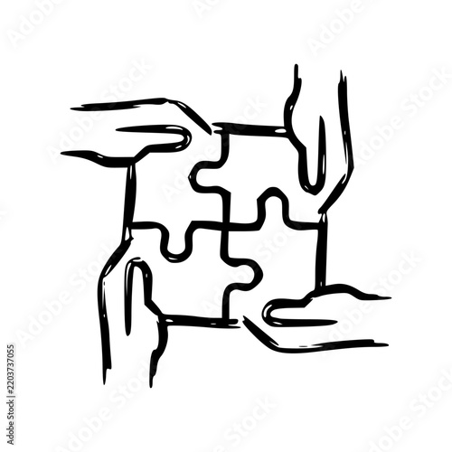 Hand-drawn four hands assembling jigsaw puzzle teamwork icon sketch illustration