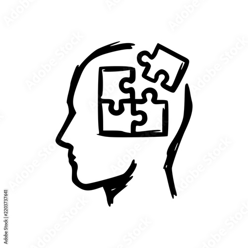 hand-drawn head with jigsaw puzzle pieces mind puzzle icon sketch illustration