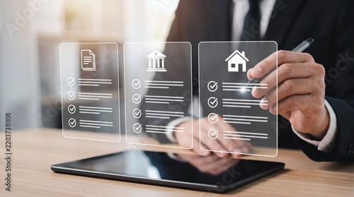 Digital property approval checklist on tablet for mortgage document verification.
