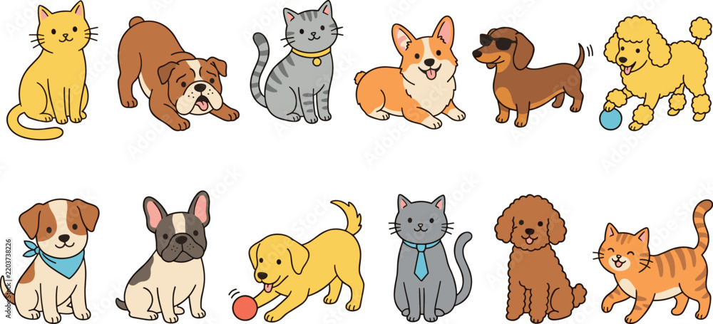 Obraz premium Cute Dogs and Cats Vector Collection featuring Cute Pets Playing Ball Wearing Necktie Sunglasses Corgi Poodle Bulldog Kitten Characters