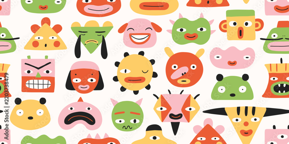 Obraz premium Seamless pattern, geometric abstract comic faces, different simple monsters, white background. Cute funny doodle faces, emoji, textile, wrapping paper. Funny faces pattern. Modern contemporary style.