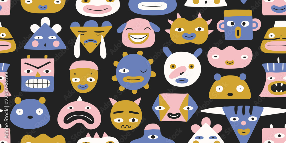 Obraz premium Seamless pattern, geometric abstract comic faces, different simple monsters, black background. Cute funny doodle faces, emoji, textile, wrapping paper. Funny faces for business team avatar. Modern.