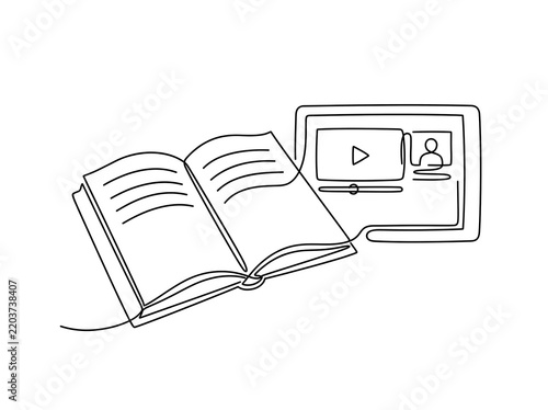 Continuous Line Art of Open Book and Tablet for Online Education