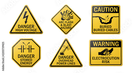 Set of electrical hazard warning signs including high voltage, arc flash, buried cables, stored energy, and electrocution risk isolated on transparent background