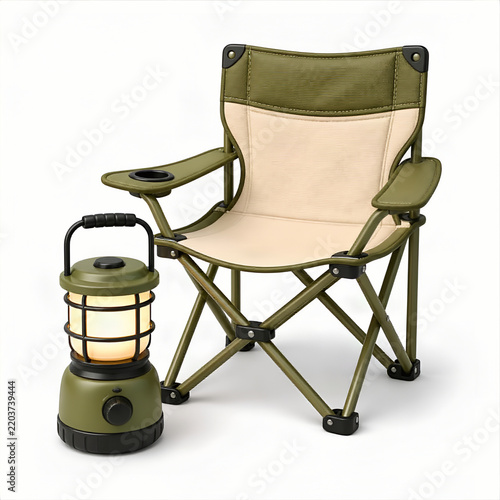 Beach Lantern + Camping Chair 3d rendering isolated on white background plastic style icon