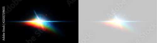 Optical lens flare with angled rainbow prism spectrum. Cinematic anamorphic light leak overlay on black and transparent background
