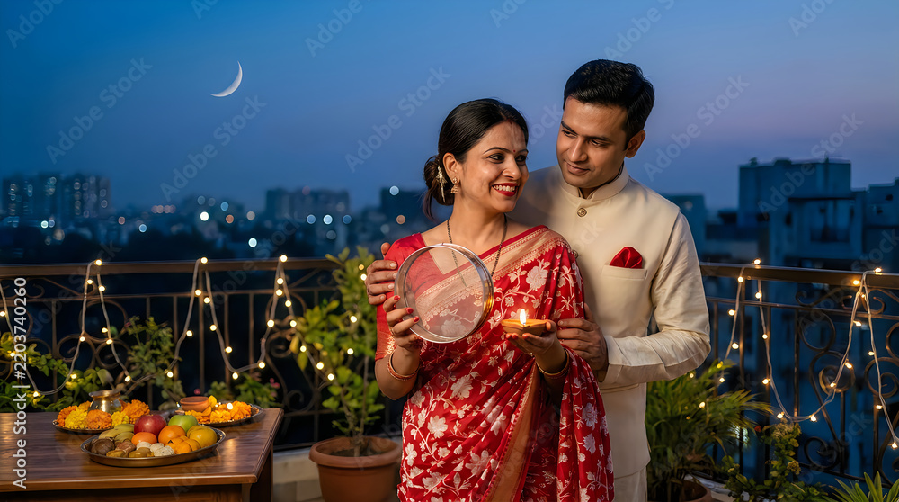 Obraz premium Happy indian couple celebrating karwa chauth festival at night on a rooftop terrace with traditional clothes and glowing fairy lights