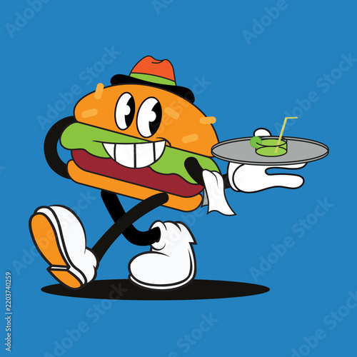 Retro Hamburger Mascot Waiter Serving a Drink – Vintage Cartoon Food Character Illustration