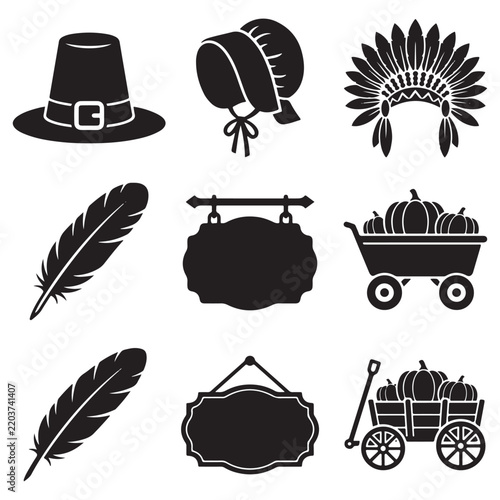 Thanksgiving Day Silhouette Elements and Harvest Icons Set