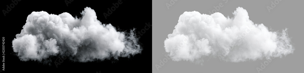 Obraz premium Realistic white fluffy cloud isolated on transparent background. Cumulus cloud cutout element for sky design