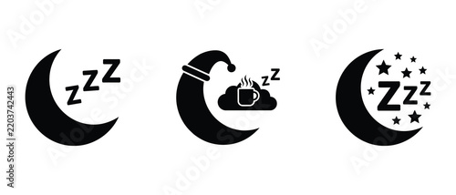 Creative sleep and relaxation icons featuring moon shapes with zzz symbols for bedtime or restful themes