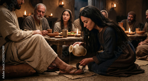 Mary Anointing Jesus’ Feet with Perfume at Bethany, Emotional New Testament Bible Scene Depicting Worship, Devotion, Humility
