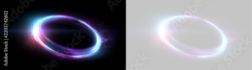 Glowing neon circle light effect with cyan and purple trails. Futuristic energy ring portal isolated on black and transparent background