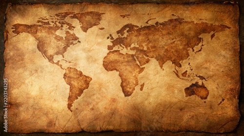 Aged world map on parchment with sepia tones and distressed texture