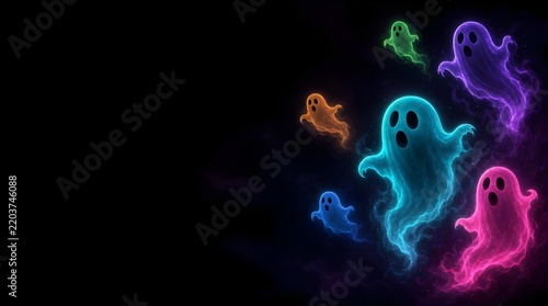 Multiple Colorful Glowing Ghost Characters with Open Mouth Expressions Isolated on Solid Black Background