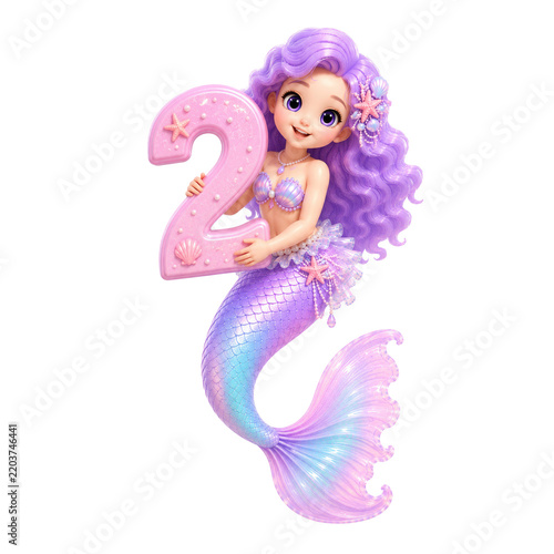 Cute Mermaid Holding a Pink Number Two for Birthday Celebration