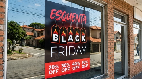 Black Friday Sale Poster on Shop Window with Discounts and Brazilian Portuguese Text Esquenta Black Friday