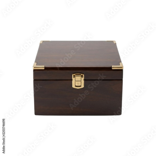Wooden jewelry box with brass hardware sits against a white background chest container storage receptacle case accessories keepsake treasure ornament metal gold latch clasp corners