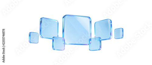 Tiered stepped podium of rectangular frosted glass cards and panels. Modern 3D blue glassmorphism multi level stage for product showcase. Isolated on transparent background.