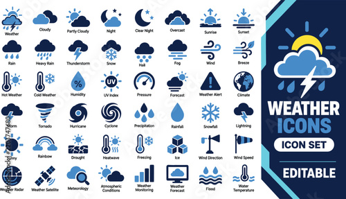 Weather forecast blue icons set featuring climate symbols for meteorology and atmospheric conditions monitoring